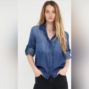 Long Sleeve Button Down Denim Tencel Shirt Blouse